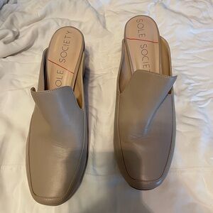 Beige, size 11 mules with a 3” block heel.